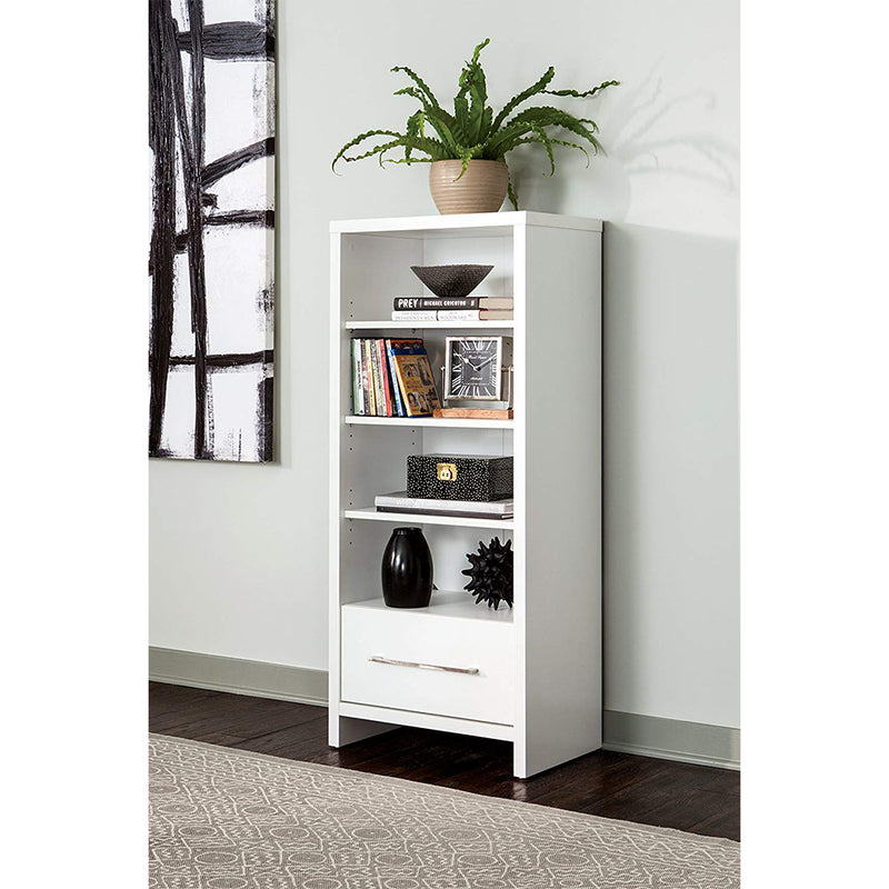 Decorative Media Storage Tower Bookcase with Drawer, White (Open Box)