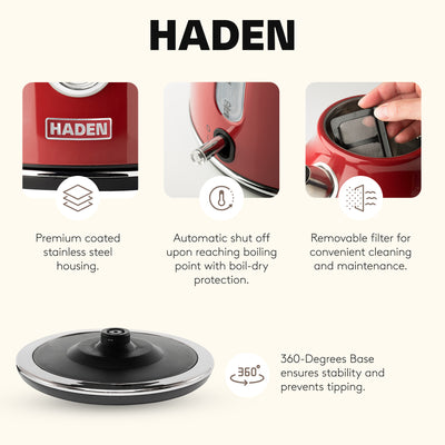 Haden Dorset 1.7 Liter Electric Water Kettle with 360-Degree Base, Rectory Red - VMInnovations