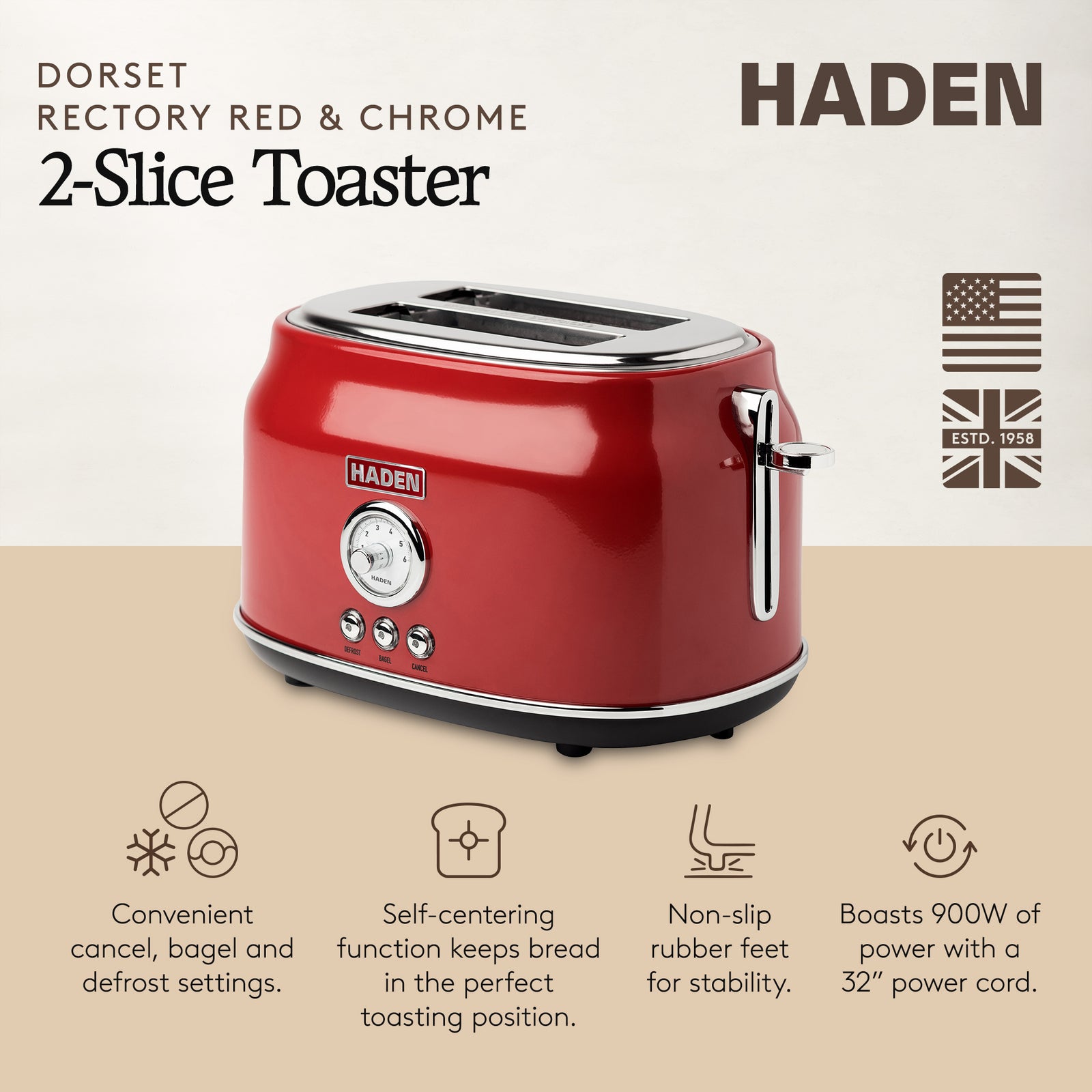 Haden Dorset 2-Slice Wide Slot Stainless Steel Retro Toaster, Red (Open Box) - VMInnovations