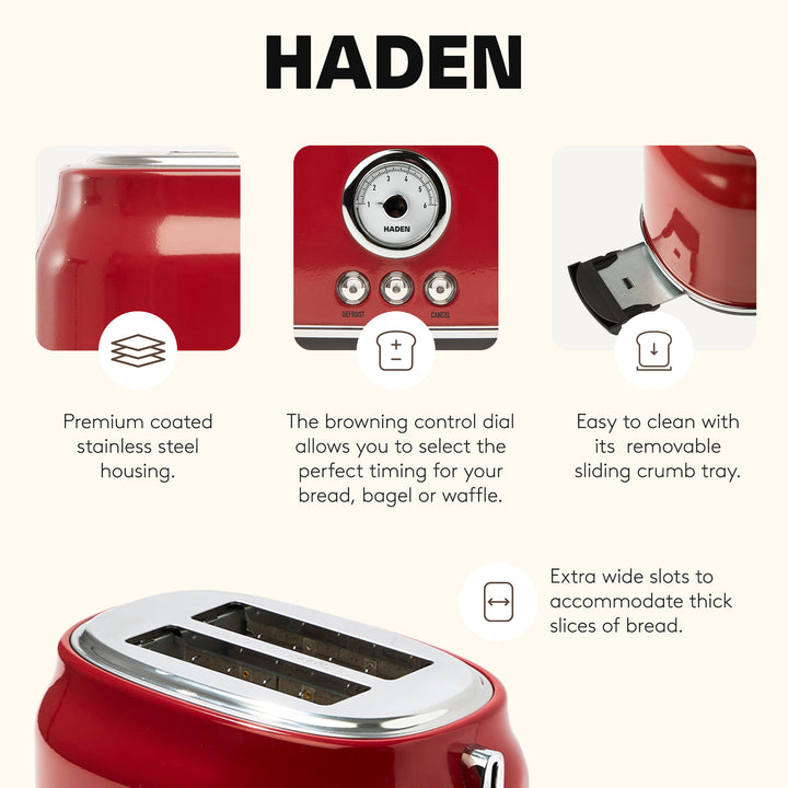 Haden Dorset 2-Slice Wide Slot Stainless Steel Retro Toaster, Red (Open Box) - VMInnovations