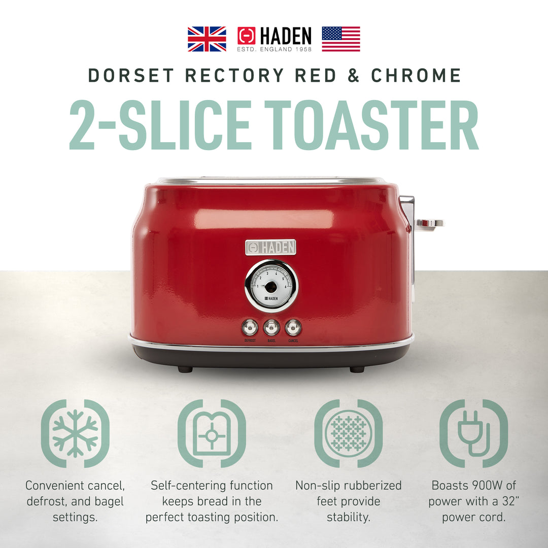 Haden Dorset Wide Slot Stainless Steel Countertop Retro Toaster, Red (Used)