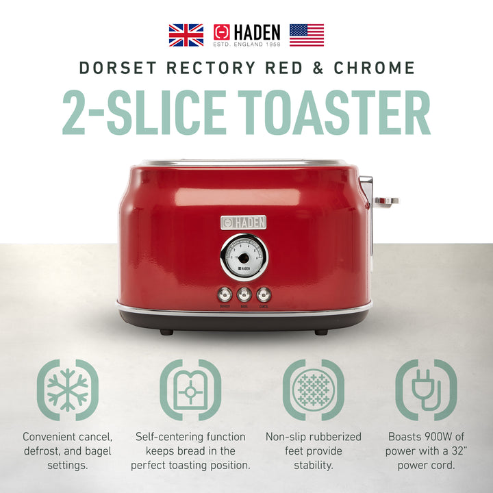 Haden Dorset Wide Slot Stainless Steel Countertop Retro Toaster, Red (Used)