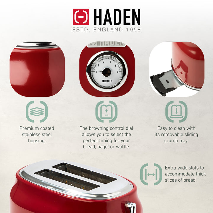 Haden Dorset Wide Slot Stainless Steel Countertop Retro Toaster, Red (Used)