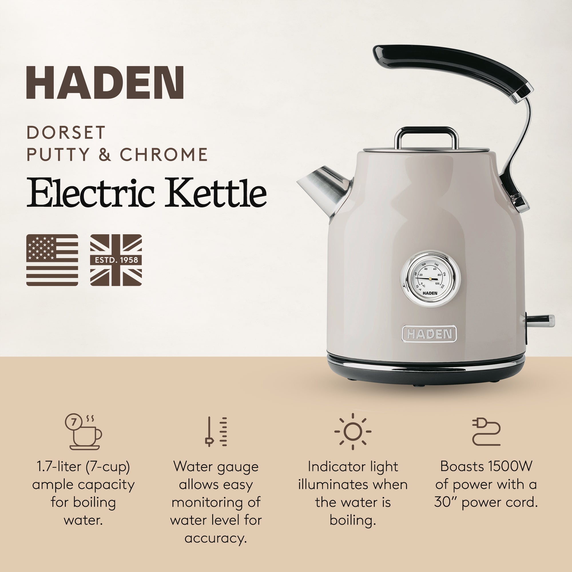 Haden Dorset 1.7 Liter Stainless Steel Electric Kettle, Beige (Open Box)