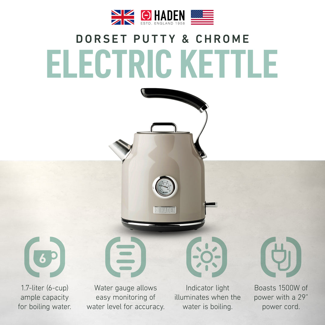 Haden Dorset 1.7 Liter Electric Water Kettle w/ 360-Degree Base, Putty & Chrome