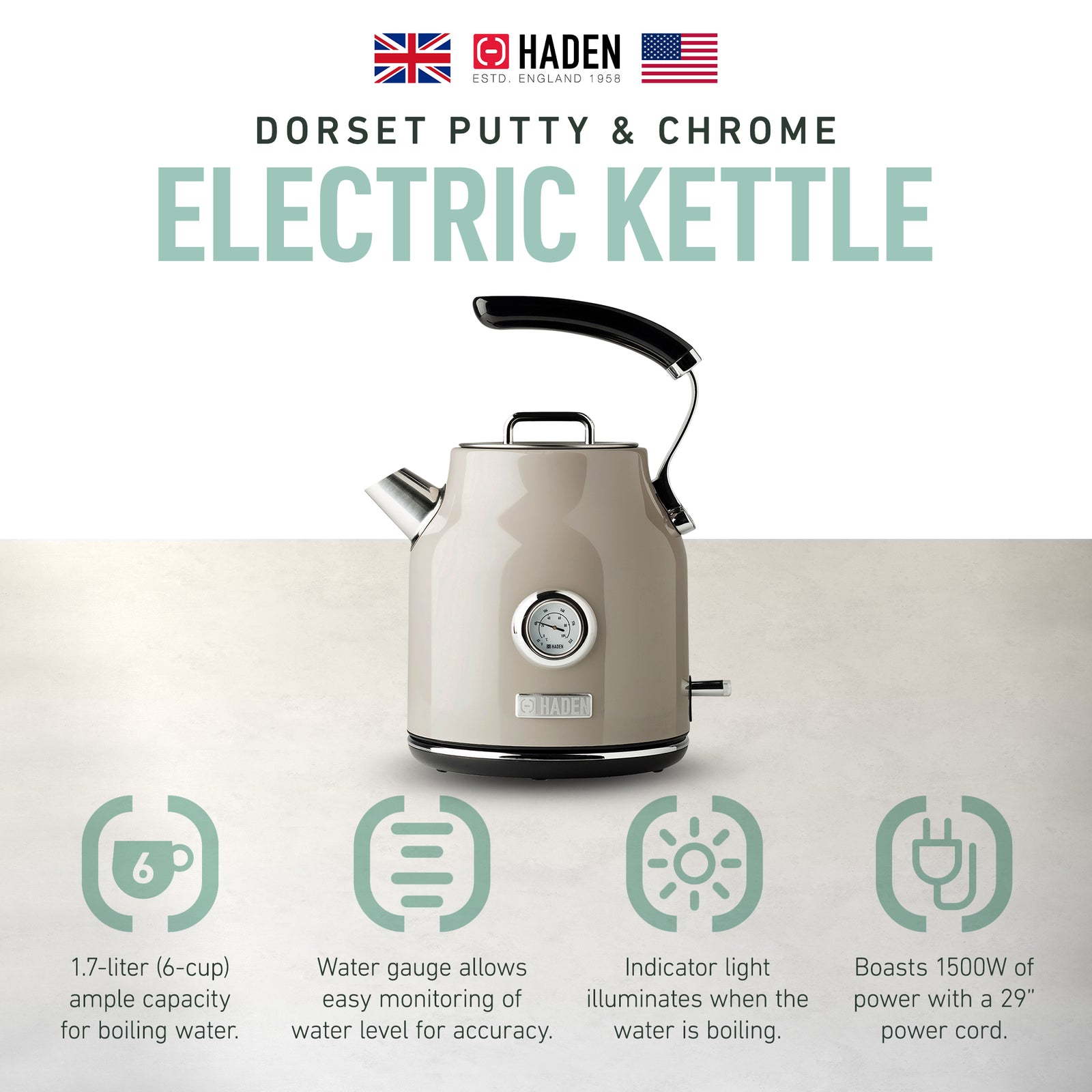 Haden Dorset 1.7L Stainless Steel Kettle with Auto Shut Off, Beige (Open Box) - VMInnovations