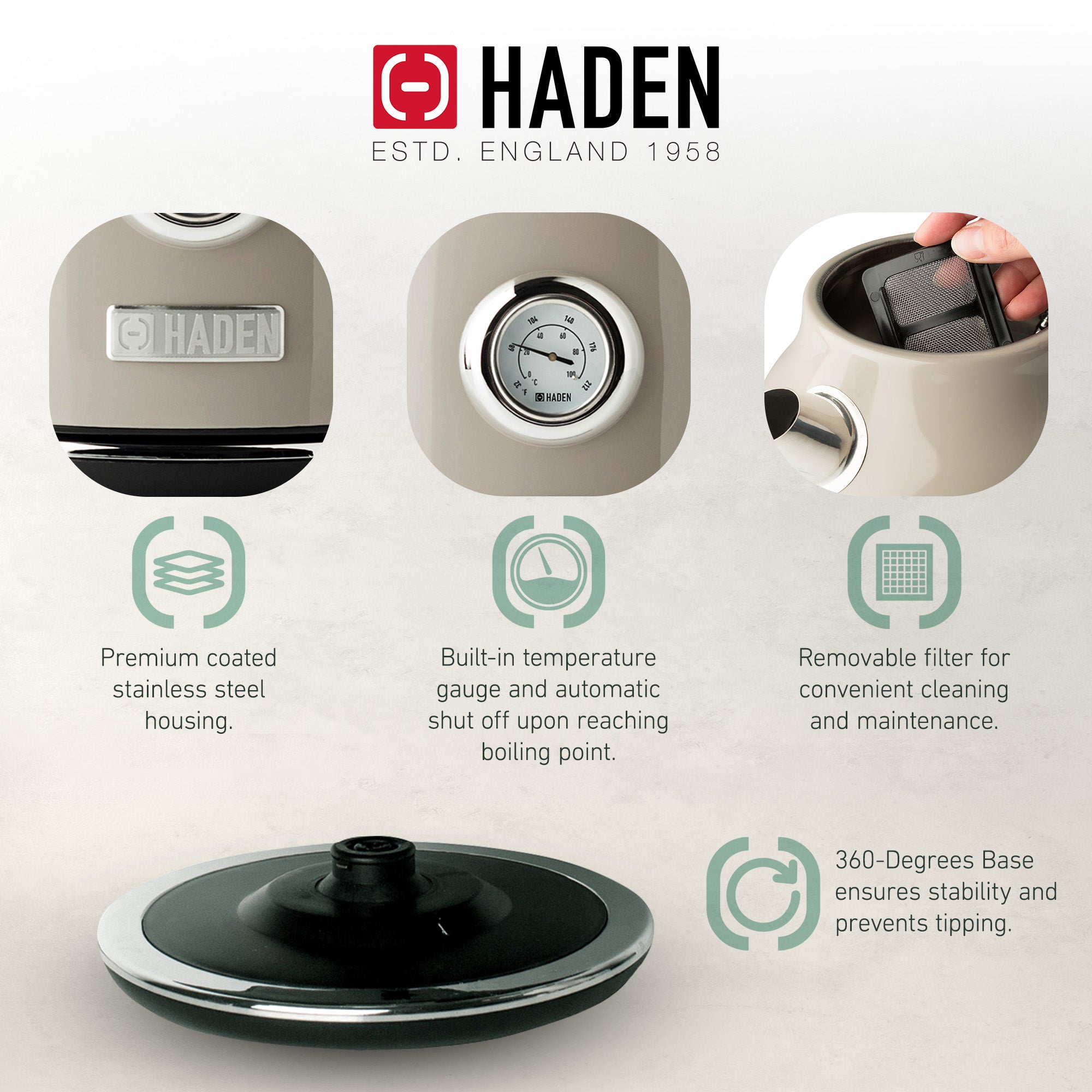 Haden Dorset 1.7L Stainless Steel Kettle with Auto Shut Off, Beige (Open Box) - VMInnovations