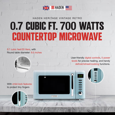 Haden Heritage Vintage Retro 0.7 Cu Ft 700W Countertop Microwave Oven, Blue (Refurbished)