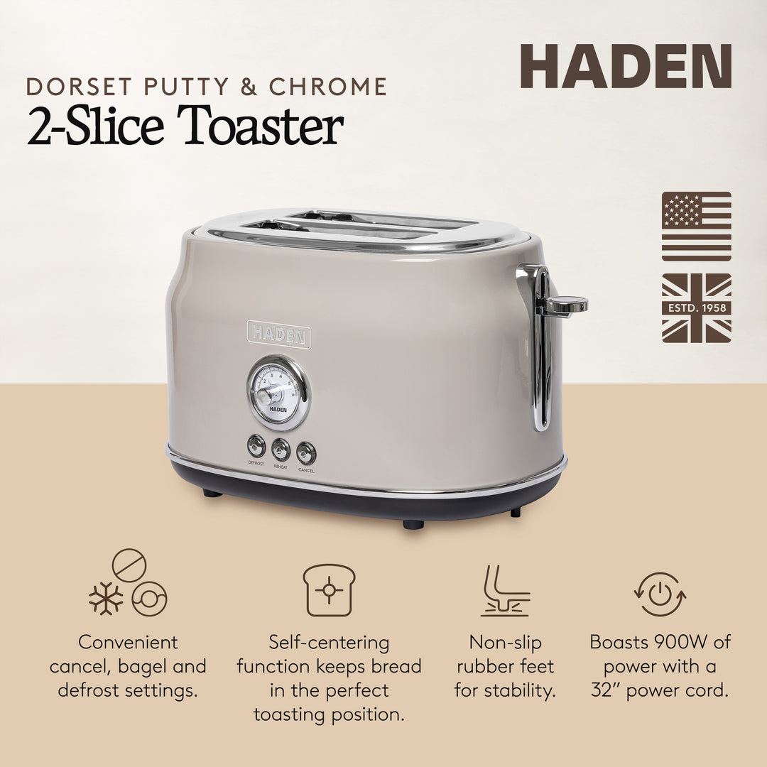 Haden Dorset Wide Slot Stainless Steel 2-Slice Toaster, Putty Beige (Open Box) - VMInnovations