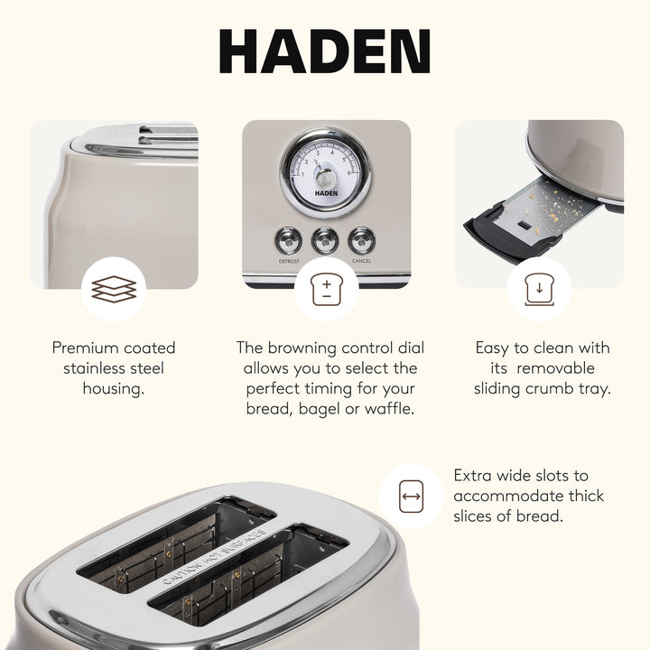 Haden Dorset Wide Slot Stainless Steel 2-Slice Toaster, Putty Beige (Open Box) - VMInnovations