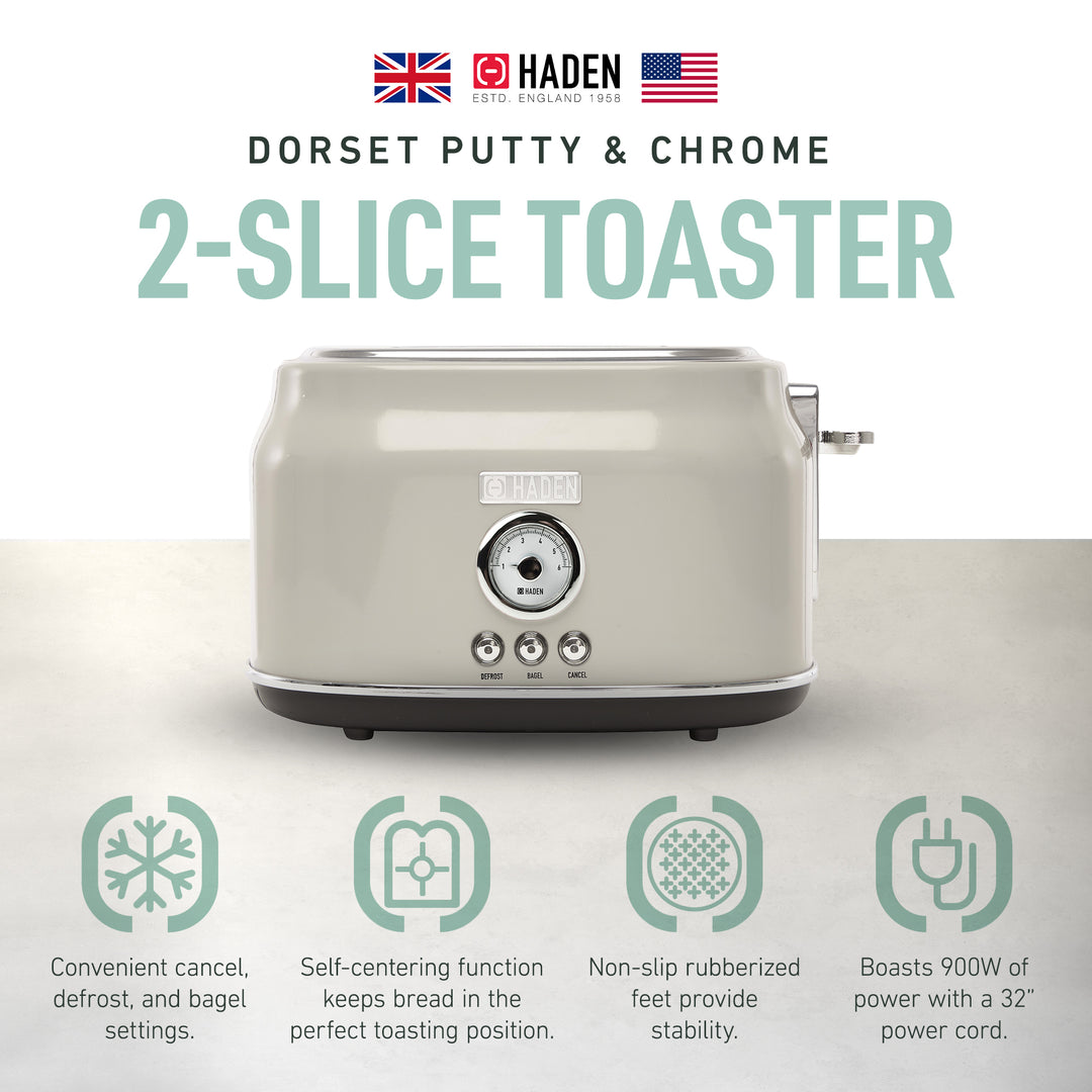 Haden Dorset 2 Slice Wide Slot Stainless Steel Toaster, Putty & Chrome