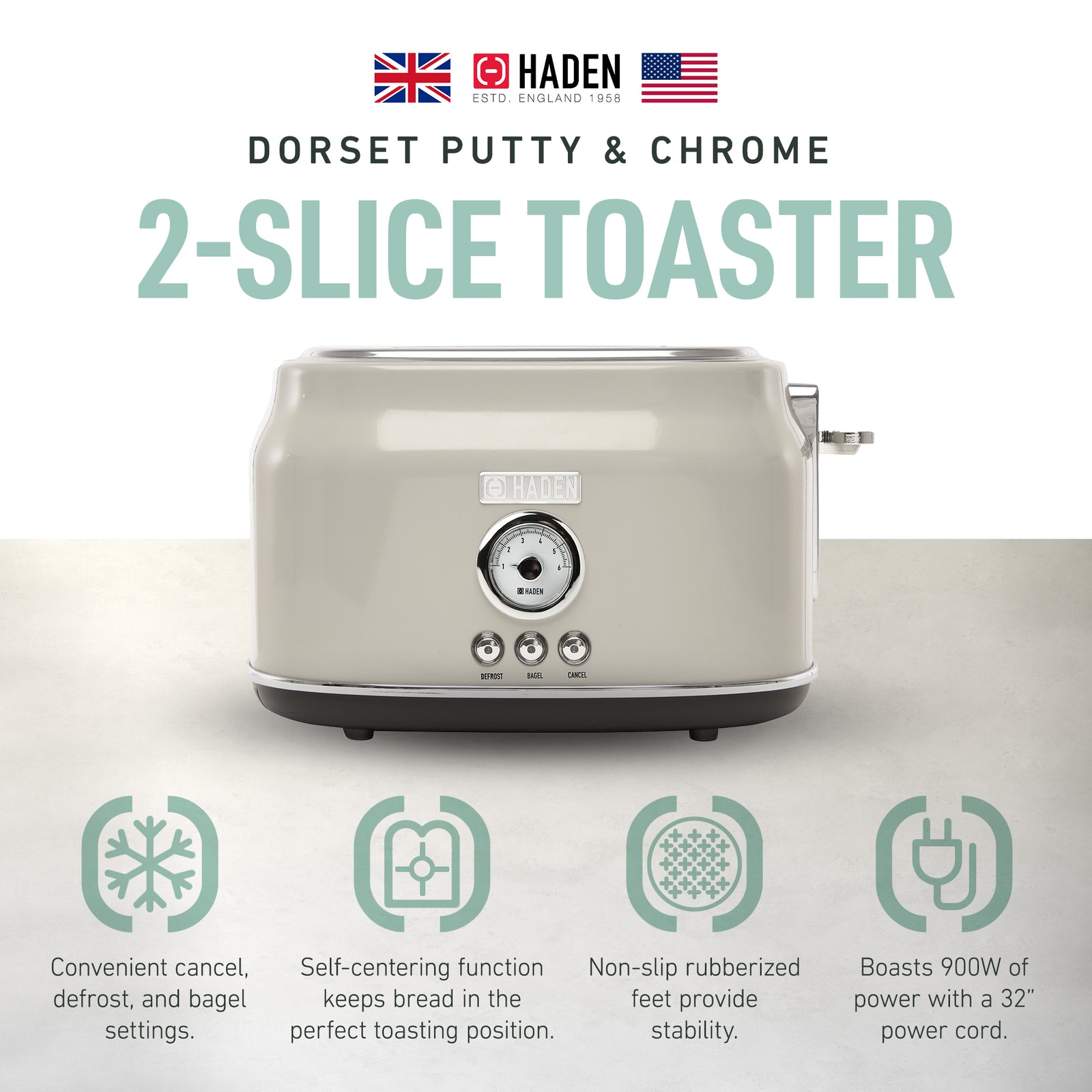 Haden Dorset 2 Slice Wide Slot Stainless Steel Toaster, Putty & Chrome - VMInnovations