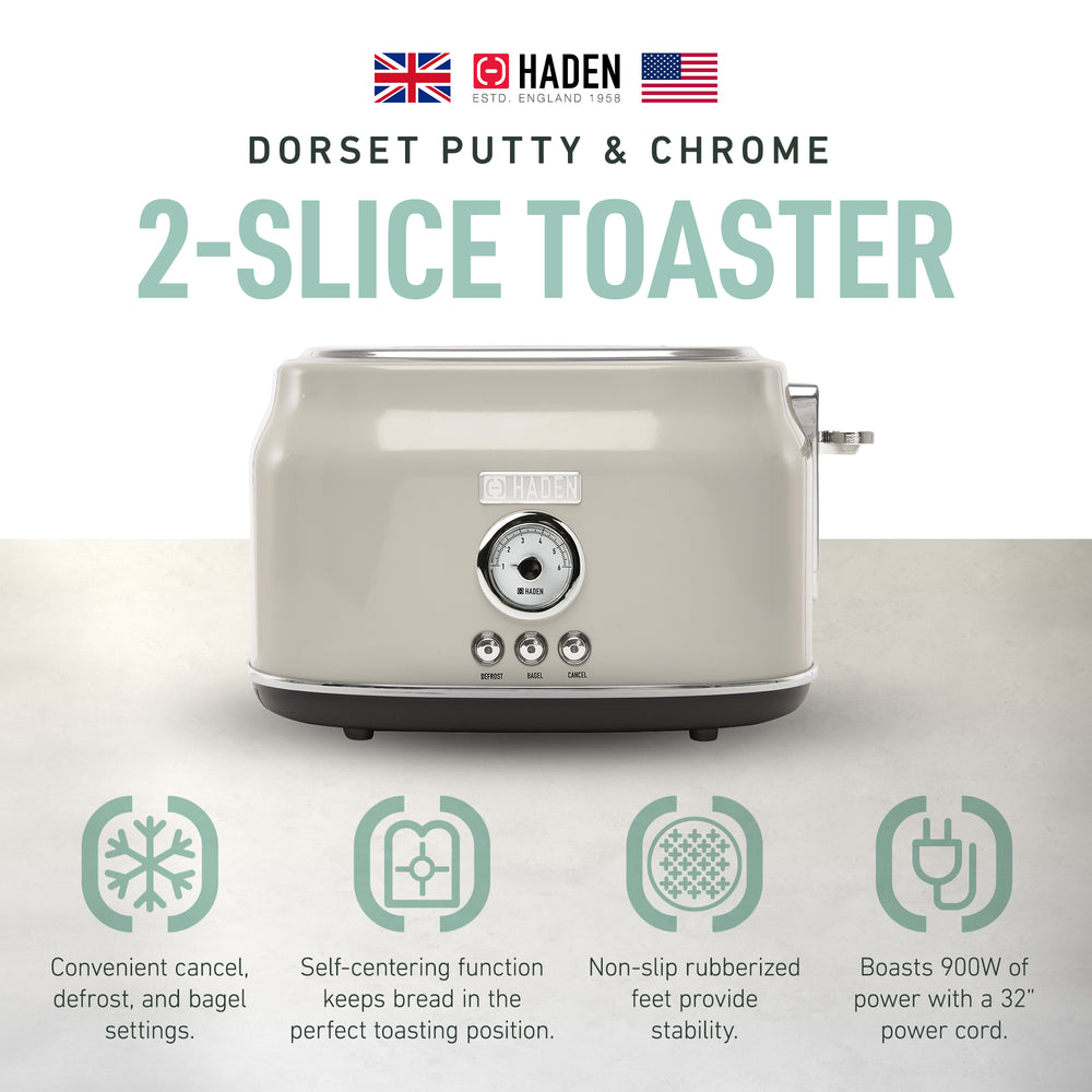 Haden Dorset Wide Slot Stainless Steel Retro 2-Slice Toaster, Putty Beige (Used) - VMInnovations
