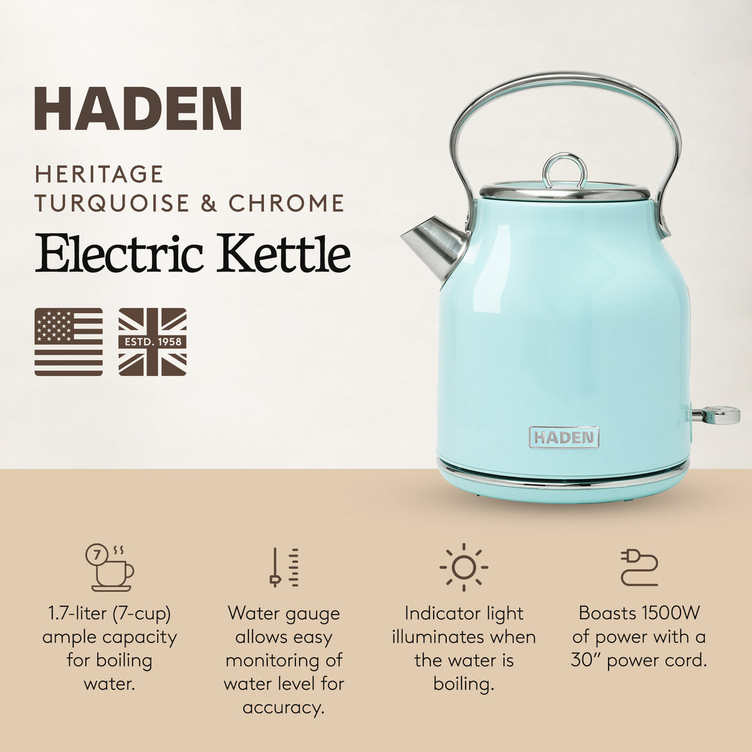 Haden Heritage 1.7L Stainless Steel Electric Water Kettle, Turquoise & Chrome