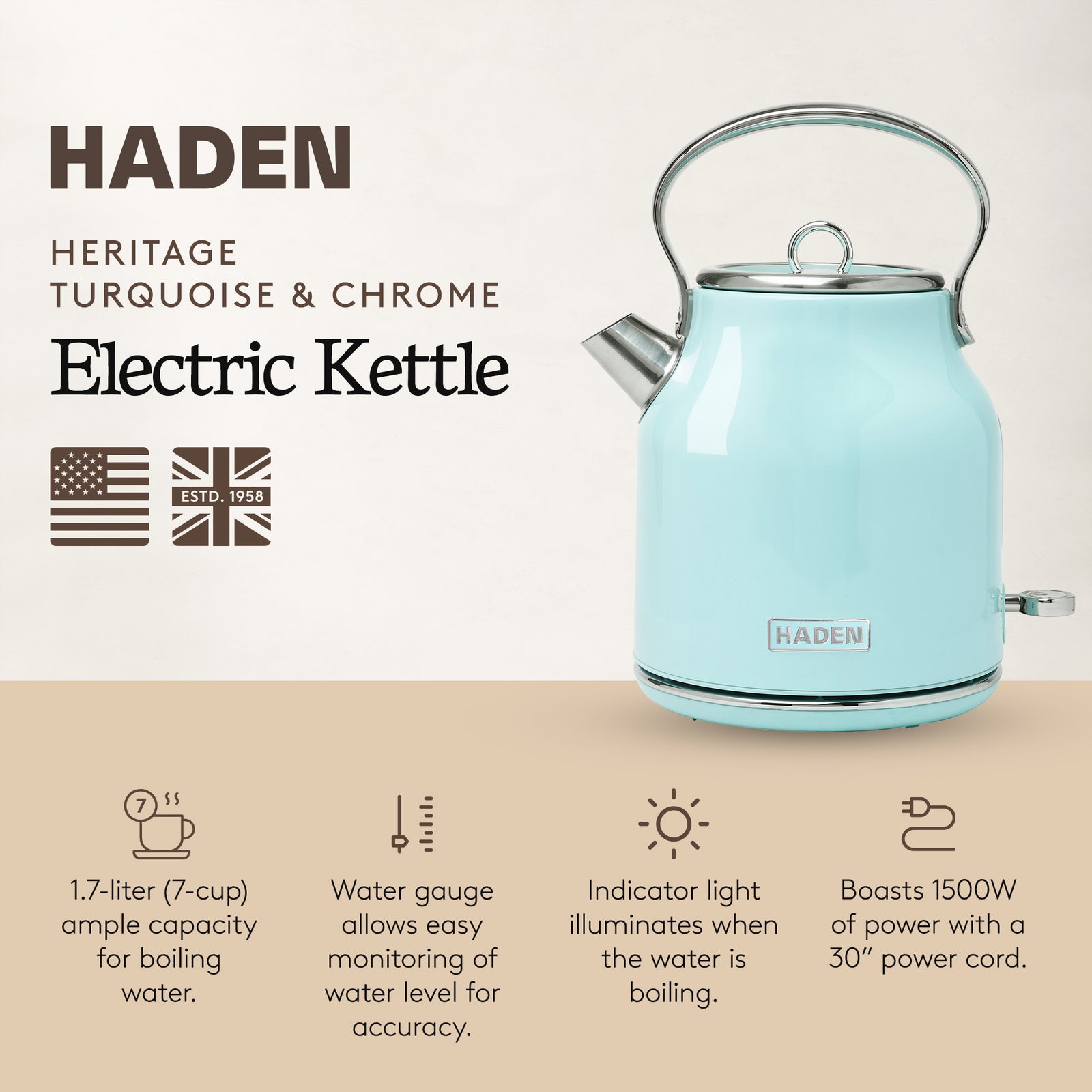 Haden Heritage 1.7 Liter Stainless Steel Body Electric Kettle, Turquoise (Used) - VMInnovations
