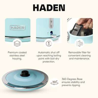 Haden Heritage 1.7 Liter Stainless Steel Body Electric Kettle, Turquoise (Used)