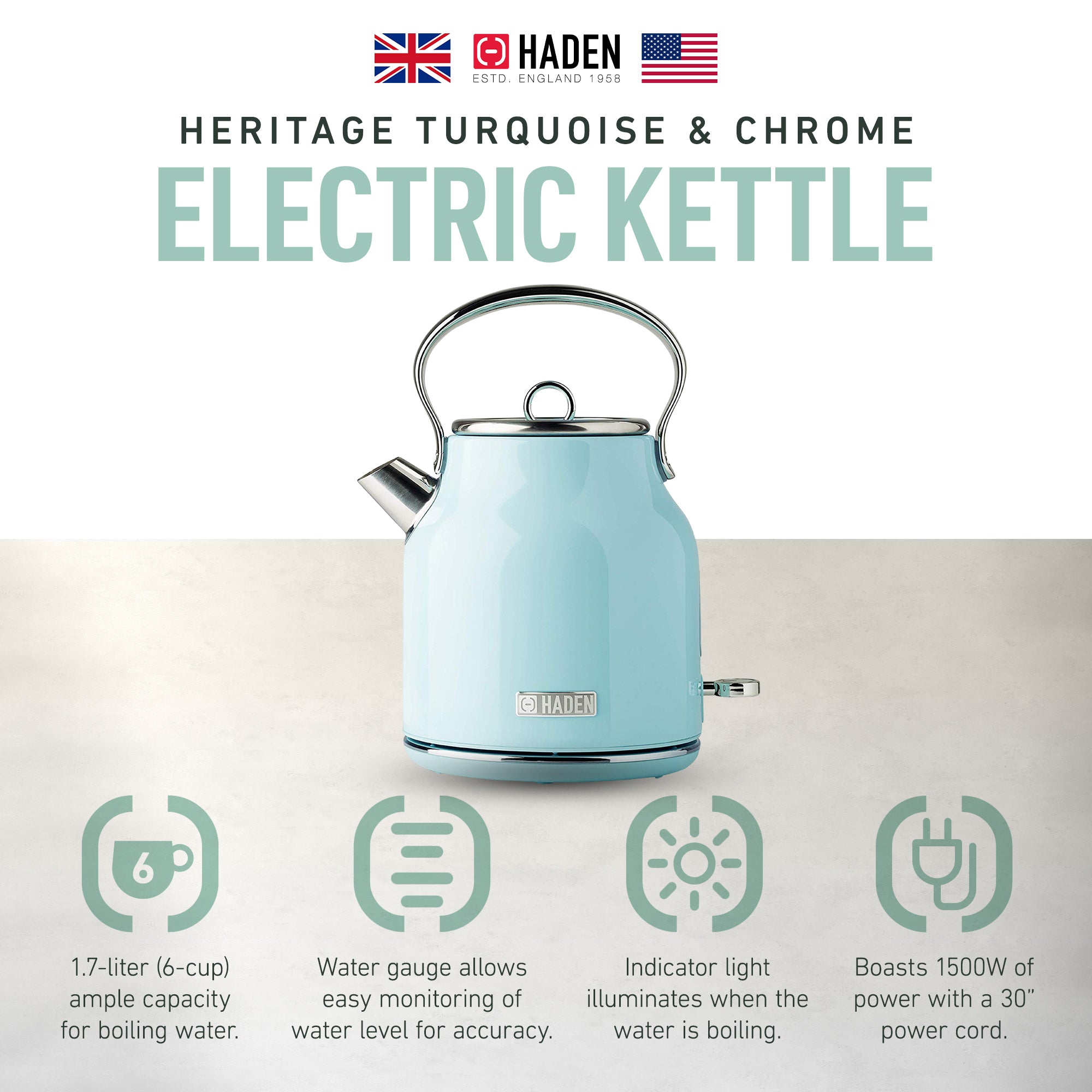 Haden Heritage Wide Toaster & Dorset Electric Kettle & Coffee Machine, Turquoise