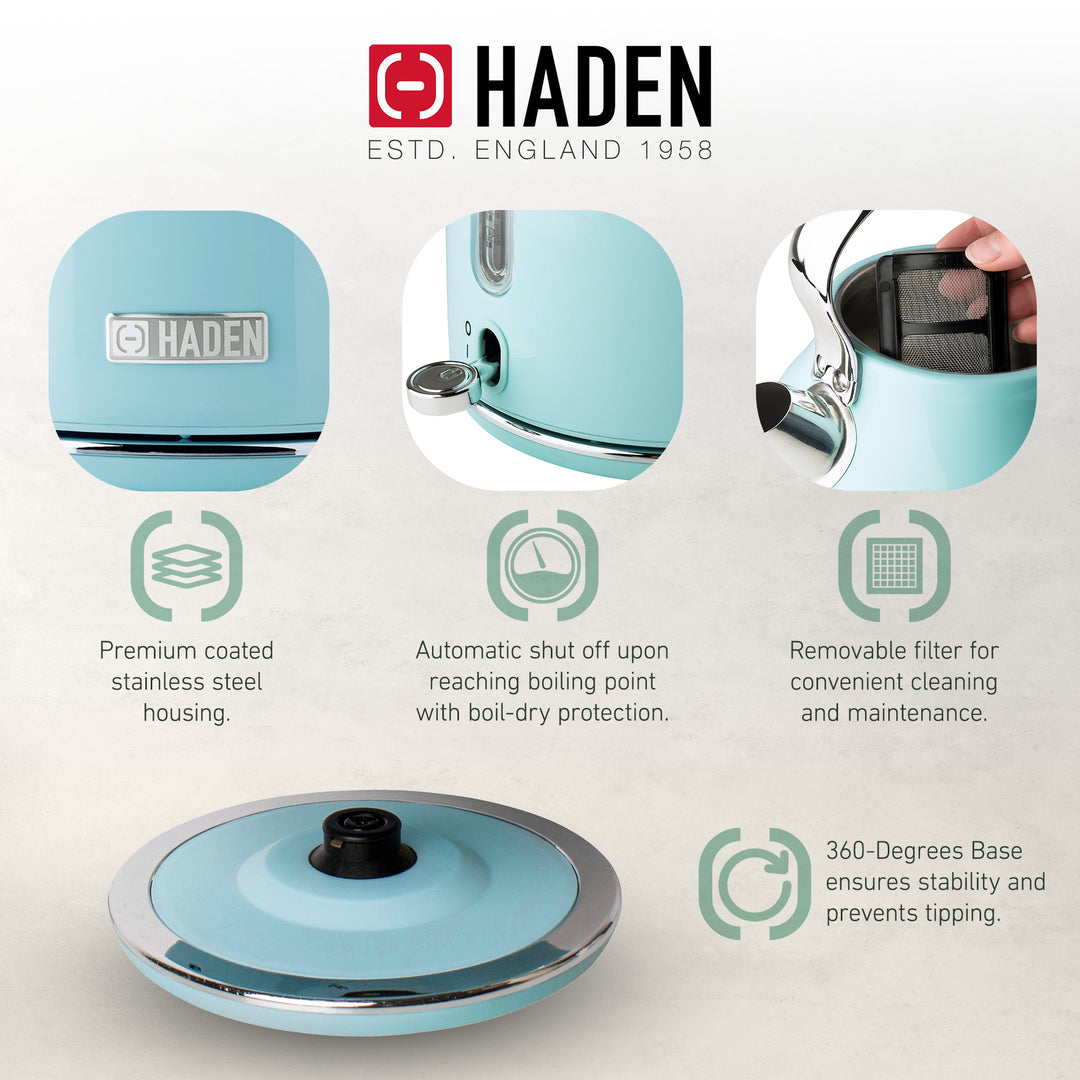 Haden Heritage 1.7L Stainless Steel Electric Water Kettle, Turquoise & Chrome