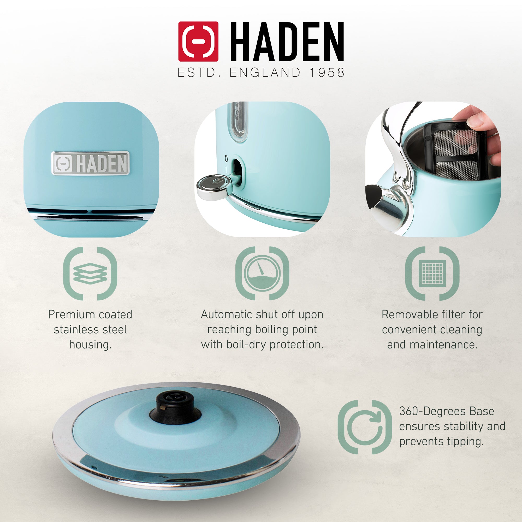 Haden Heritage Wide Toaster & Dorset Electric Kettle & Coffee Machine, Turquoise
