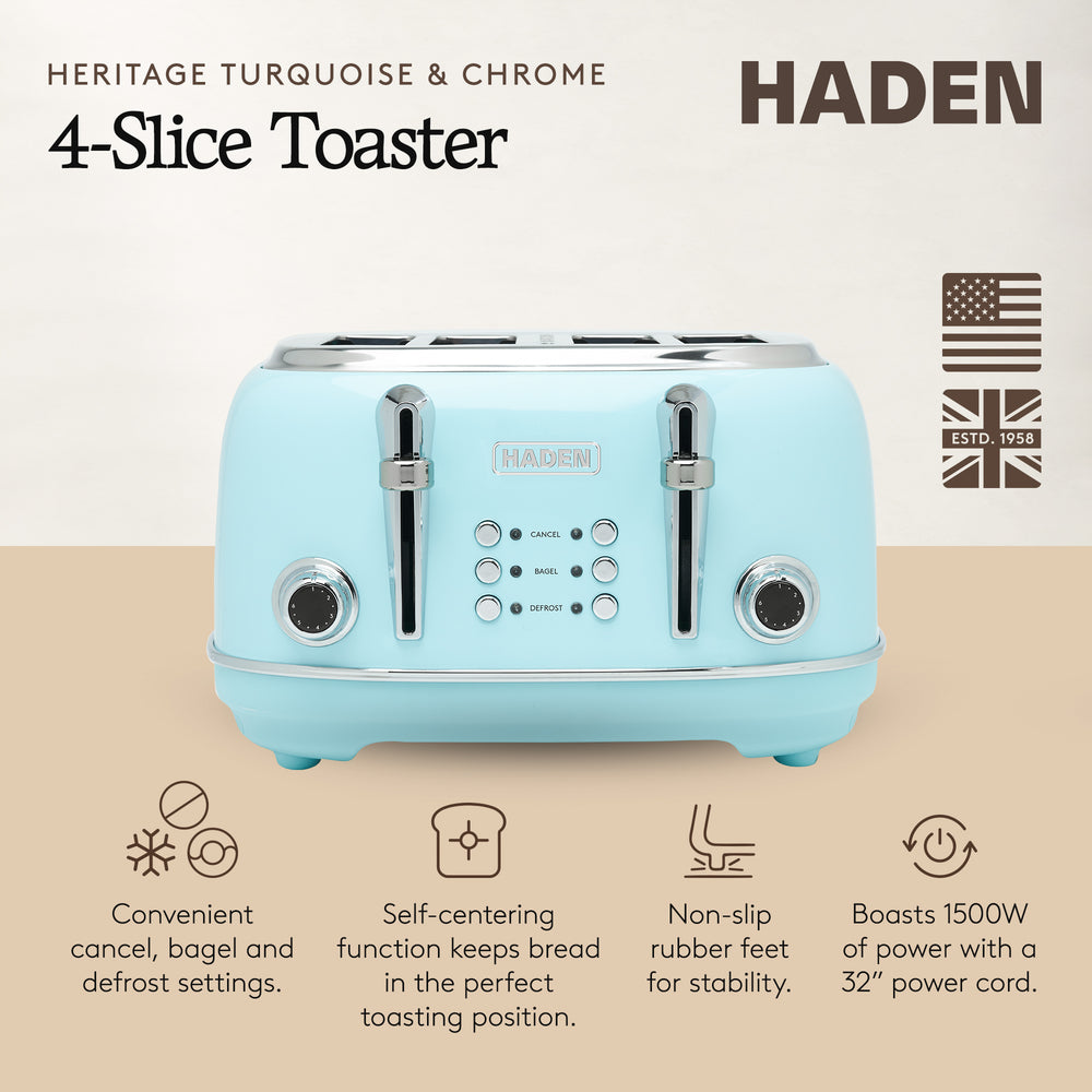 Haden Heritage 4 Slice Wide Slot Stainless Steel Toaster, Turquoise & Chrome - VMInnovations