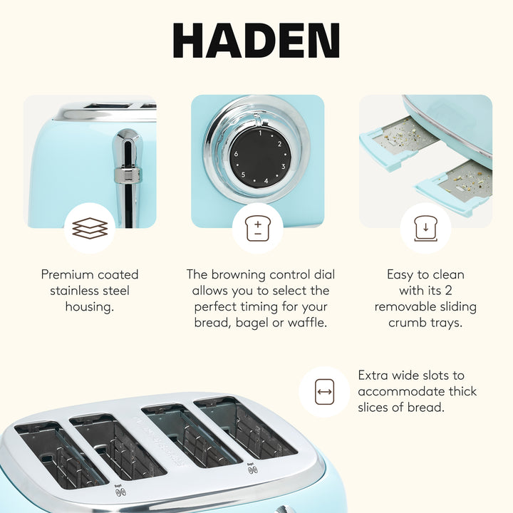 Haden Heritage 4 Slice Wide Slot Stainless Steel Toaster, Turquoise & Chrome - VMInnovations
