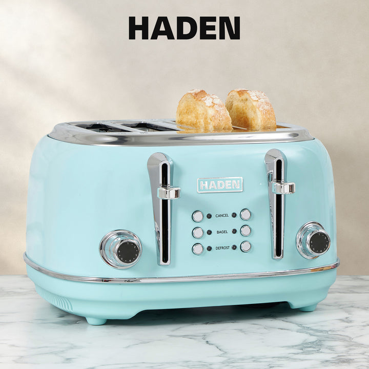 Haden Heritage 4 Slice Wide Slot Stainless Steel Toaster, Turquoise & Chrome - VMInnovations