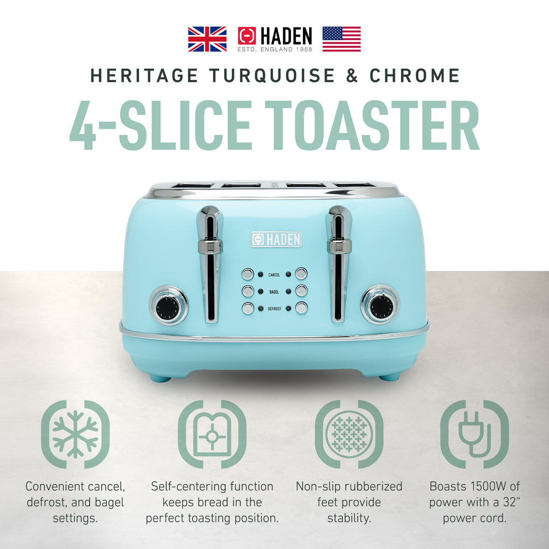Haden Heritage 4-Slice Wide Slot Stainless Steel Body Toaster, Turquoise (Used)