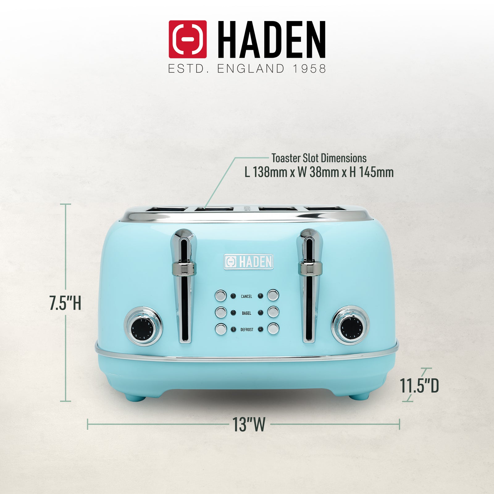 Haden Heritage 4-Slice Wide Slot Stainless Steel Body Toaster, Turquoise (Used) - VMInnovations