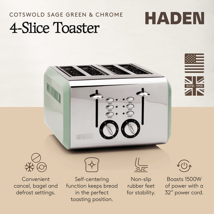 Haden Cotswold 4-Slice Wide Slot Steel Body Retro Toaster, Sage Green (Open Box)