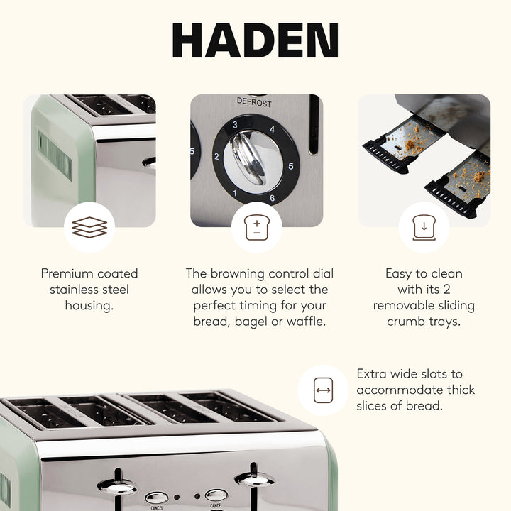 Haden Cotswold 4-Slice Wide Slot Steel Body Retro Toaster, Sage Green (Open Box)