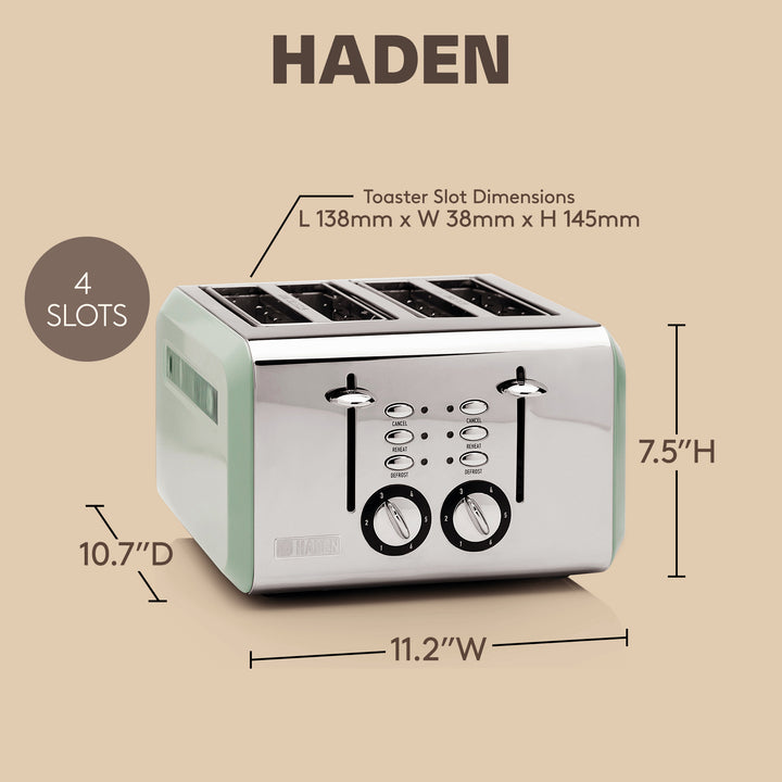 Haden Cotswold 4-Slice Wide Slot Steel Body Retro Toaster, Sage Green (Open Box)