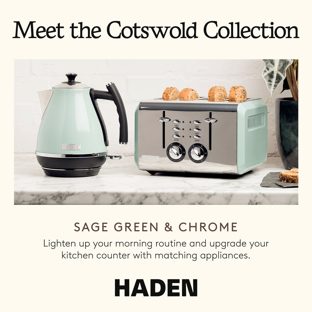 Haden Cotswold 4-Slice Wide Slot Steel Body Retro Toaster, Sage Green (Open Box)