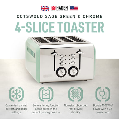 Haden Cotswold 4-Slice Wide Slot Stainless Steel Body Toaster, Sage Green (Used) - VMInnovations