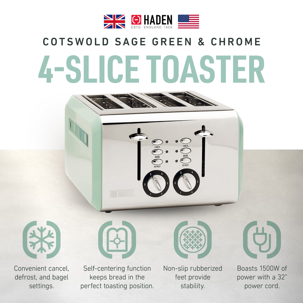 Haden Cotswold 4-Slice Wide Slot Stainless Steel Body Toaster, Sage Green (Used) - VMInnovations