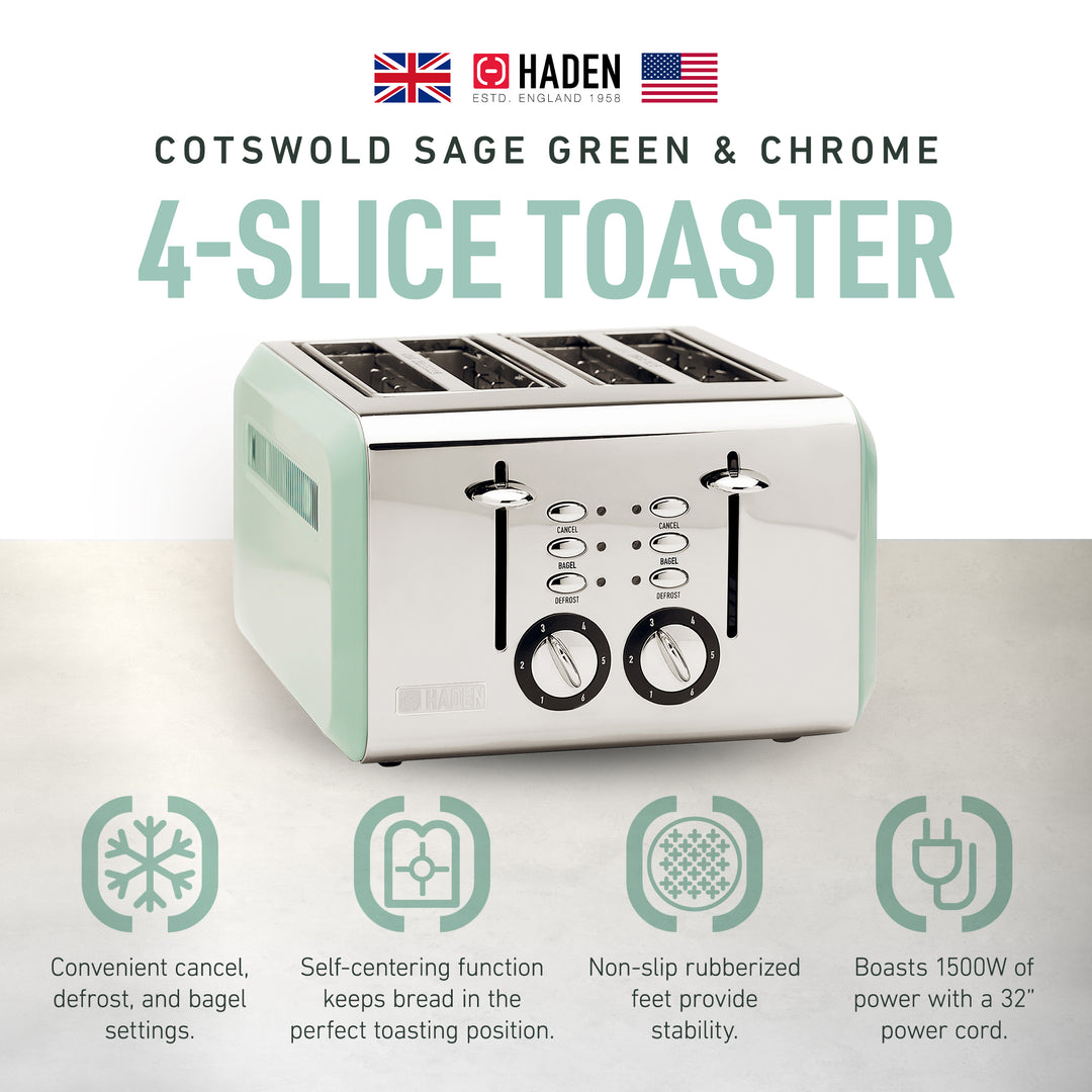 Haden Cotswold 4-Slice Wide Slot Stainless Steel Body Toaster, Sage Green (Used) - VMInnovations