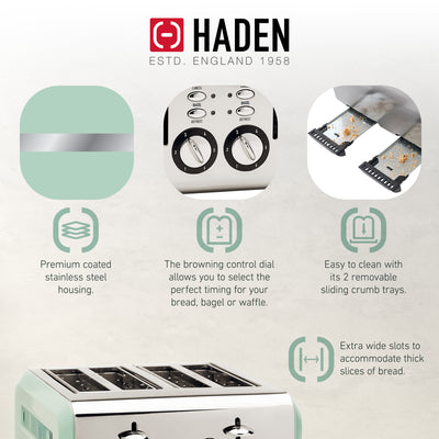 Haden Cotswold 4-Slice Wide Slot Stainless Steel Body Toaster, Sage Green (Used) - VMInnovations