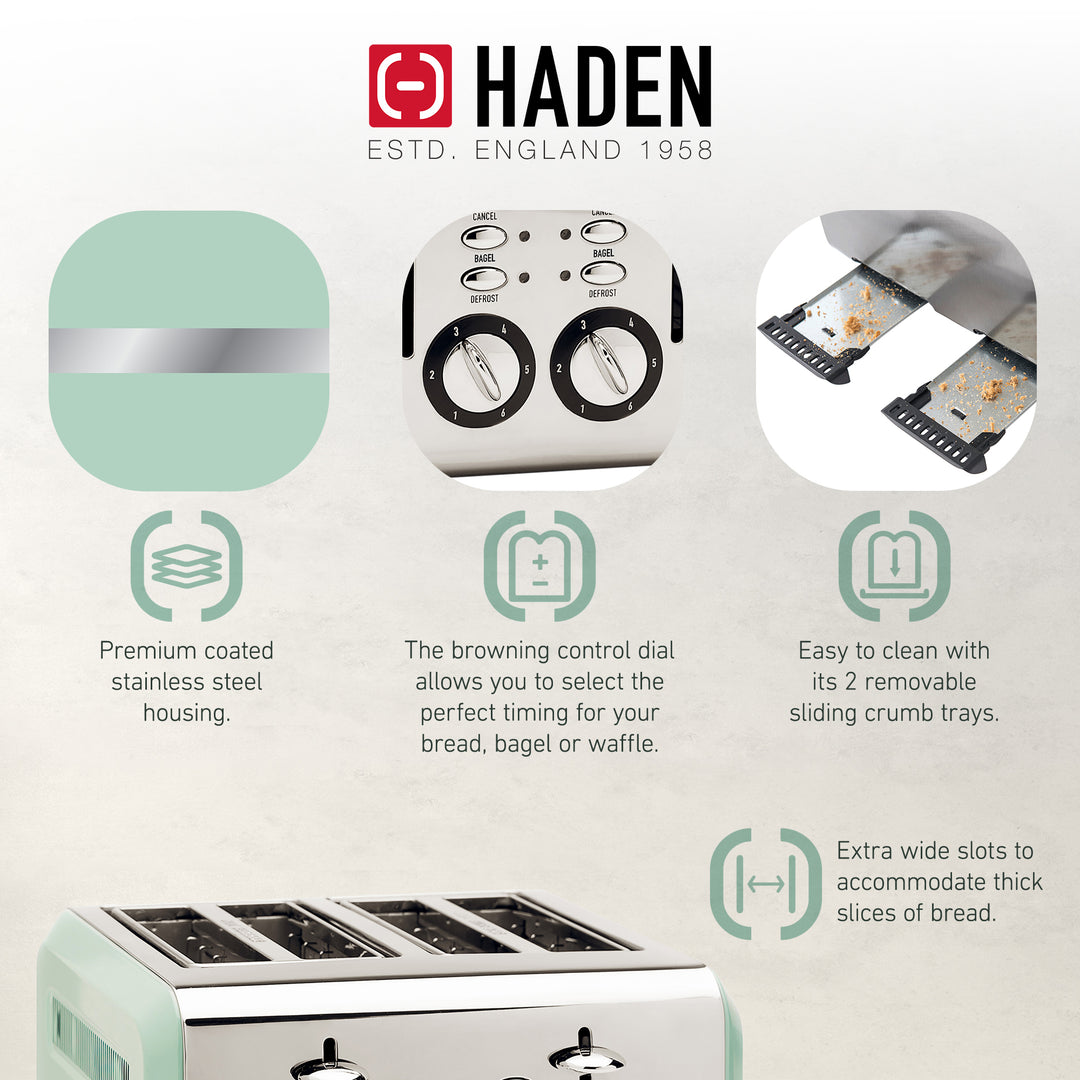 Haden Cotswold 4-Slice Wide Slot Stainless Steel Body Toaster, Sage Green (Used) - VMInnovations