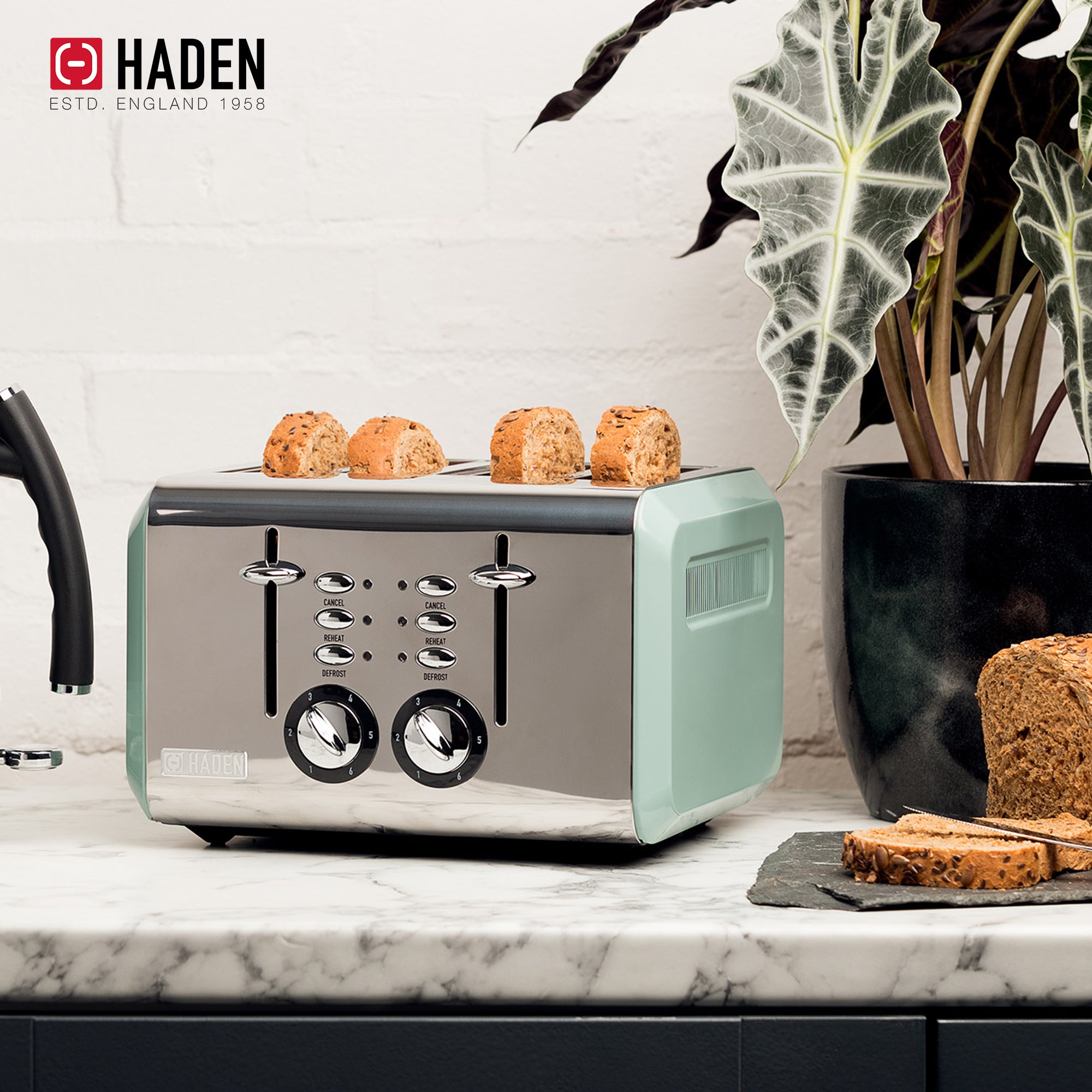 Haden Cotswold 4-Slice Wide Slot Stainless Steel Body Toaster, Sage Green (Used) - VMInnovations