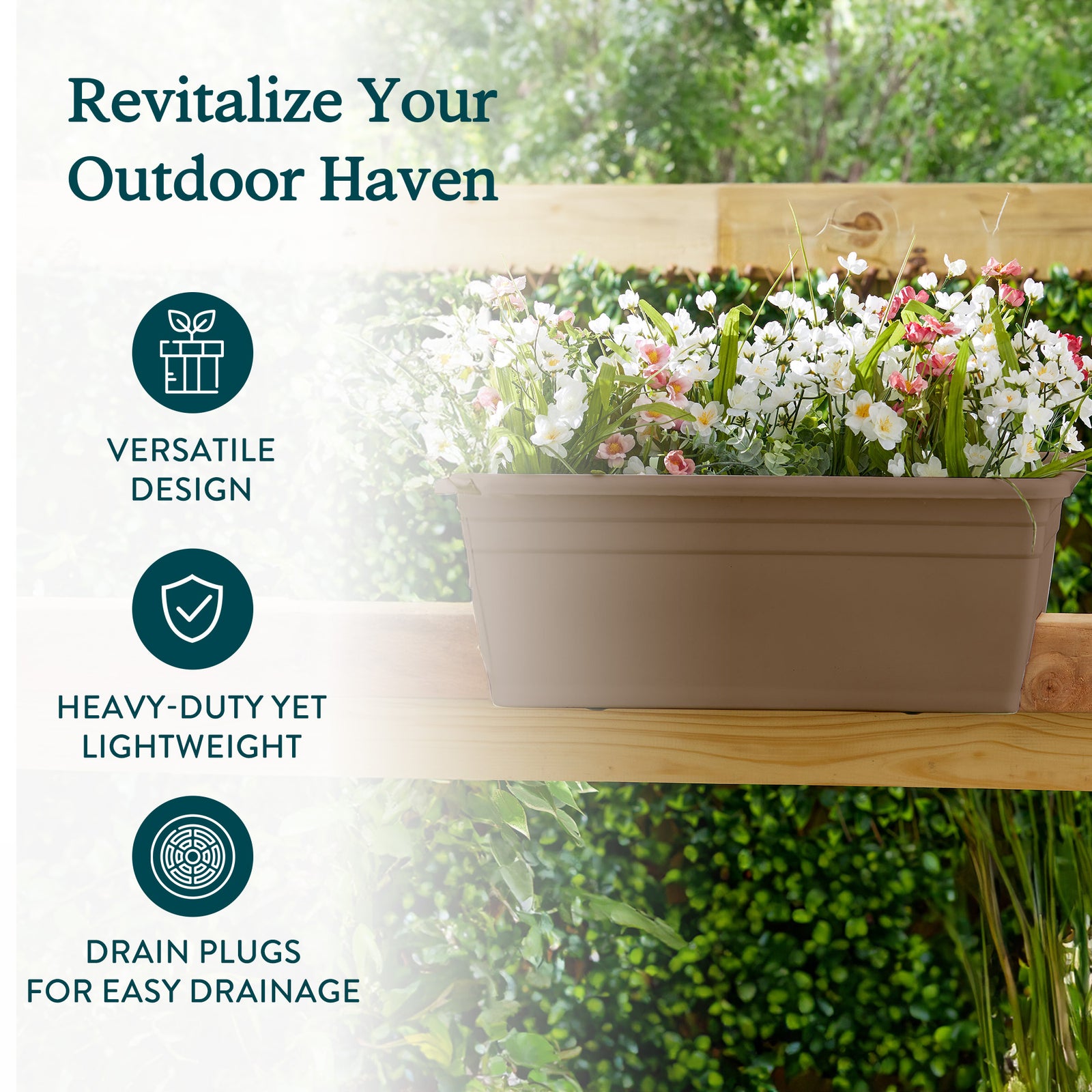 HC Companies 12-Inch Outdoor Plastic Deck Flower Planter Box, Chocolate (5 Pack) - VMInnovations