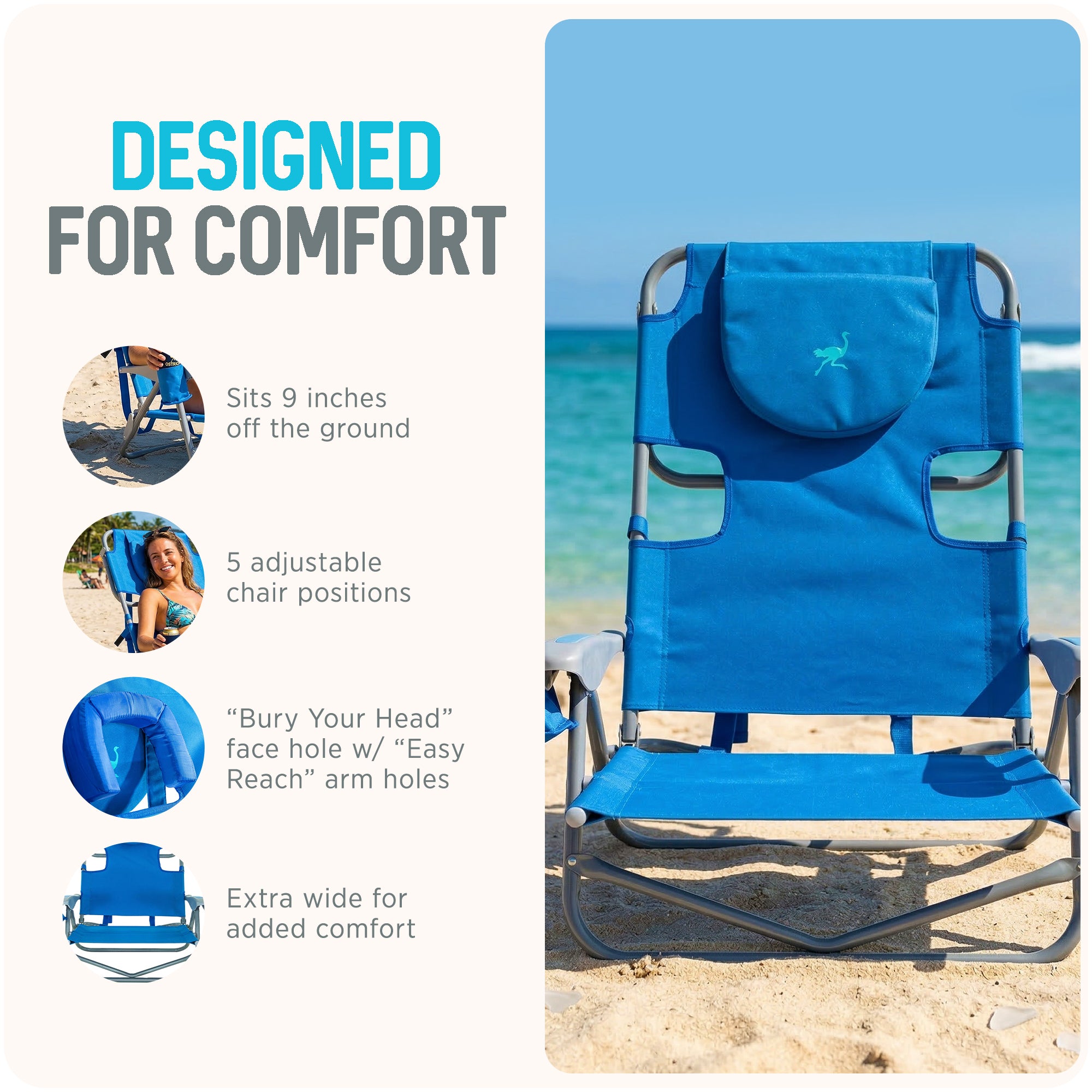 Ostrich The Heavy-Duty Backpacker Portable Reclining Beach Camping Chair, Blue