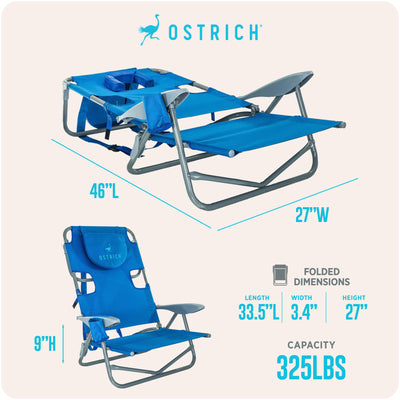 Ostrich The Heavy-Duty Backpacker Portable Reclining Beach Camping Chair, Blue
