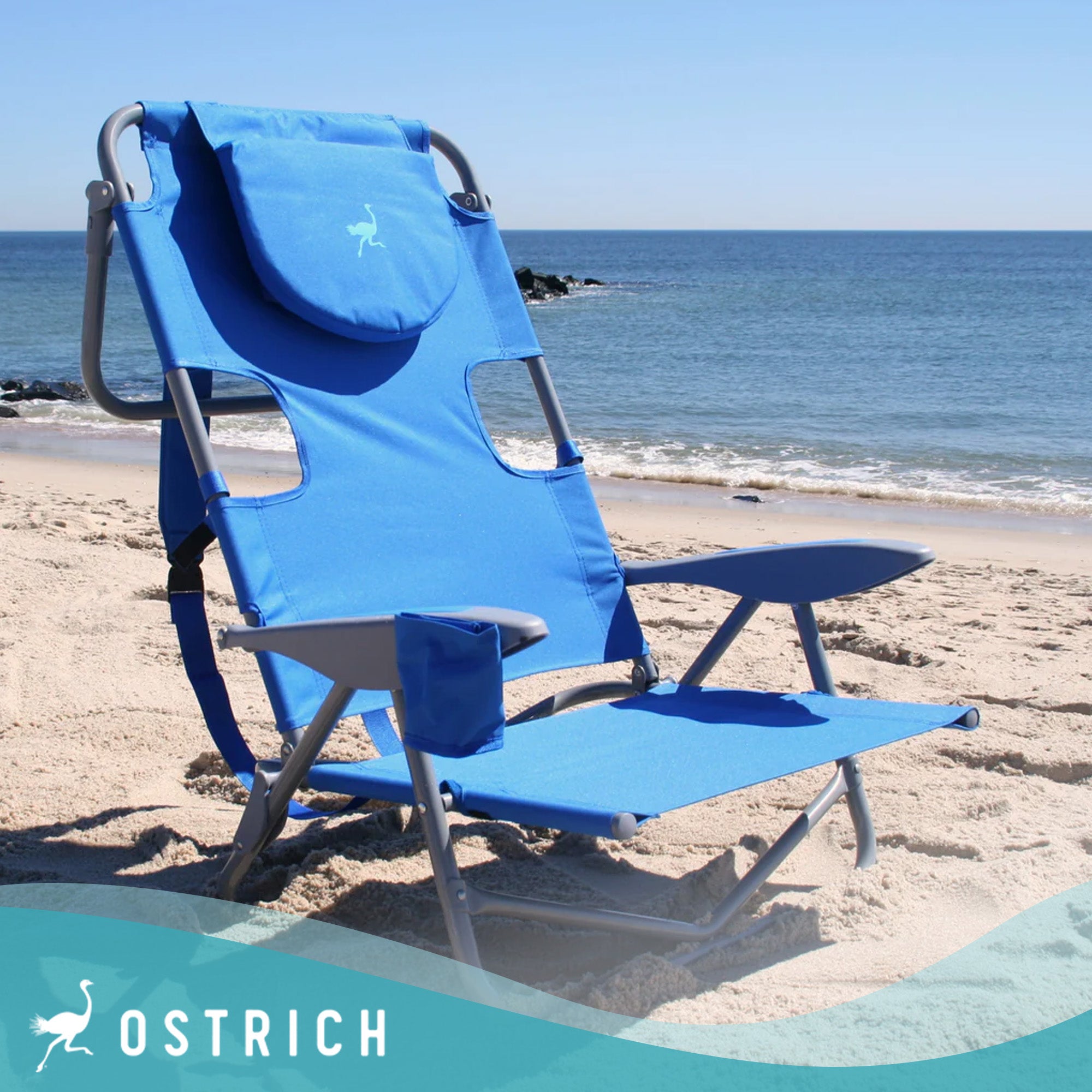 Ostrich On-Your-Back Lounge 5 Position Reclining Beach Lake Chair, Blue (Used)