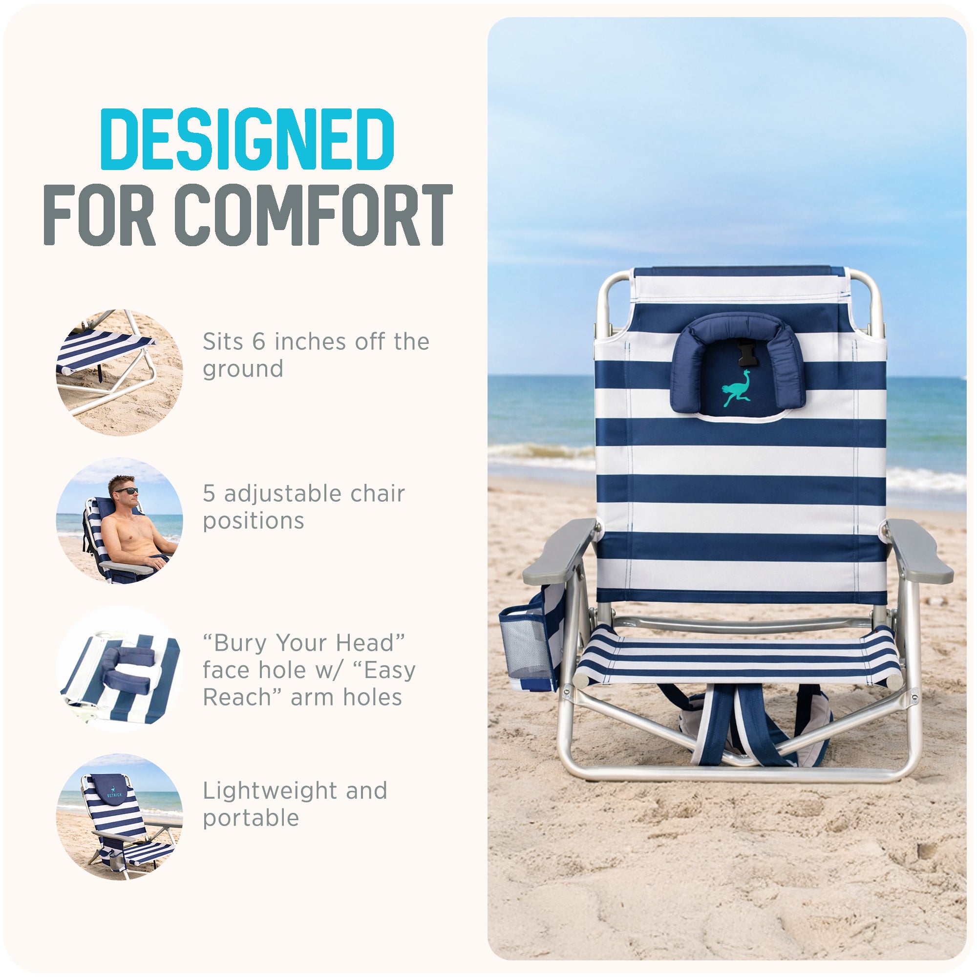Ostrich On-Your-Back Beach 6-Inch Off the Ground Chair, Navy Blue White (Used)