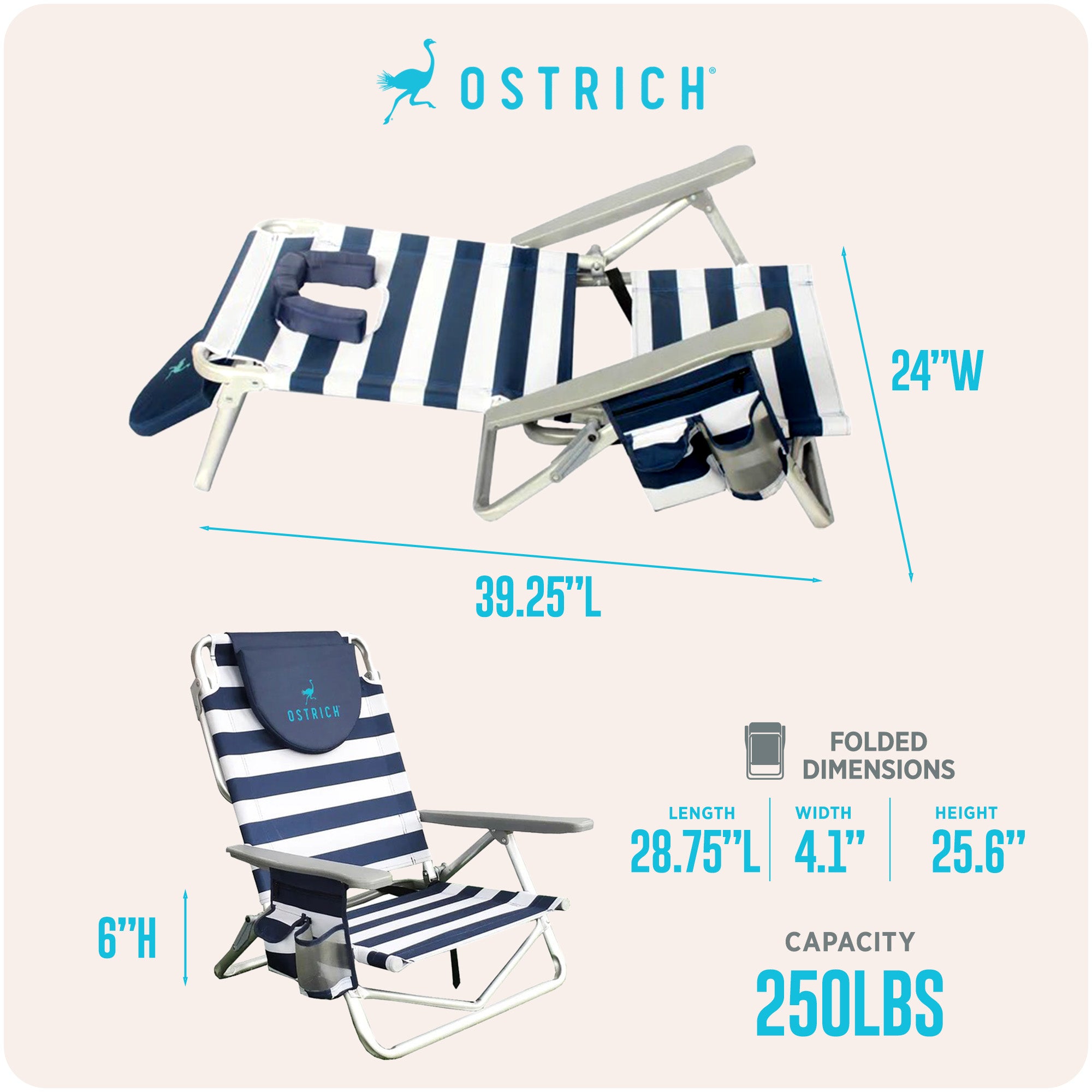 Ostrich On-Your-Back Beach 6-Inch Off the Ground Chair, Navy Blue White (Used)