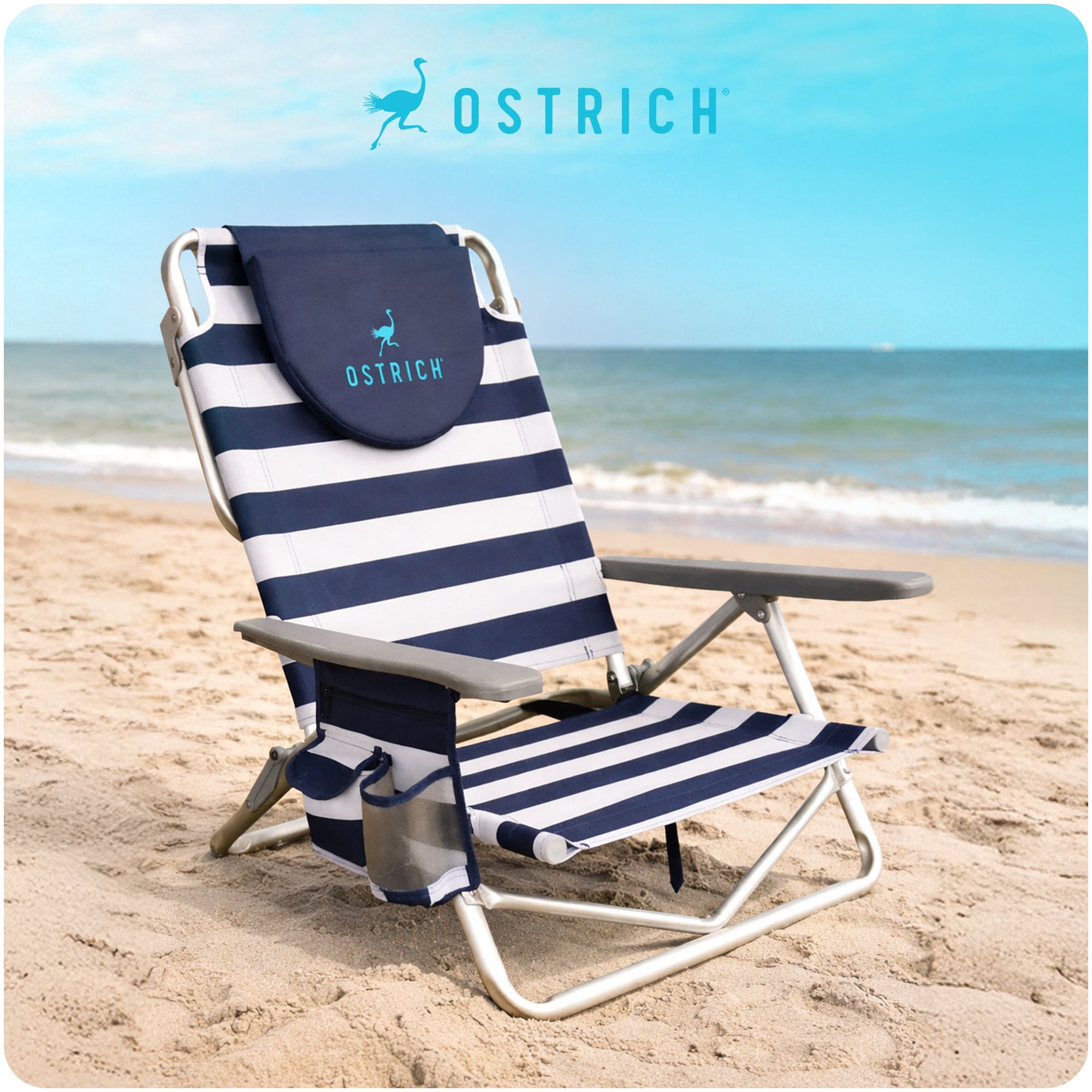 Ostrich On-Your-Back Beach 6-Inch Off the Ground Chair, Navy Blue White (Used)
