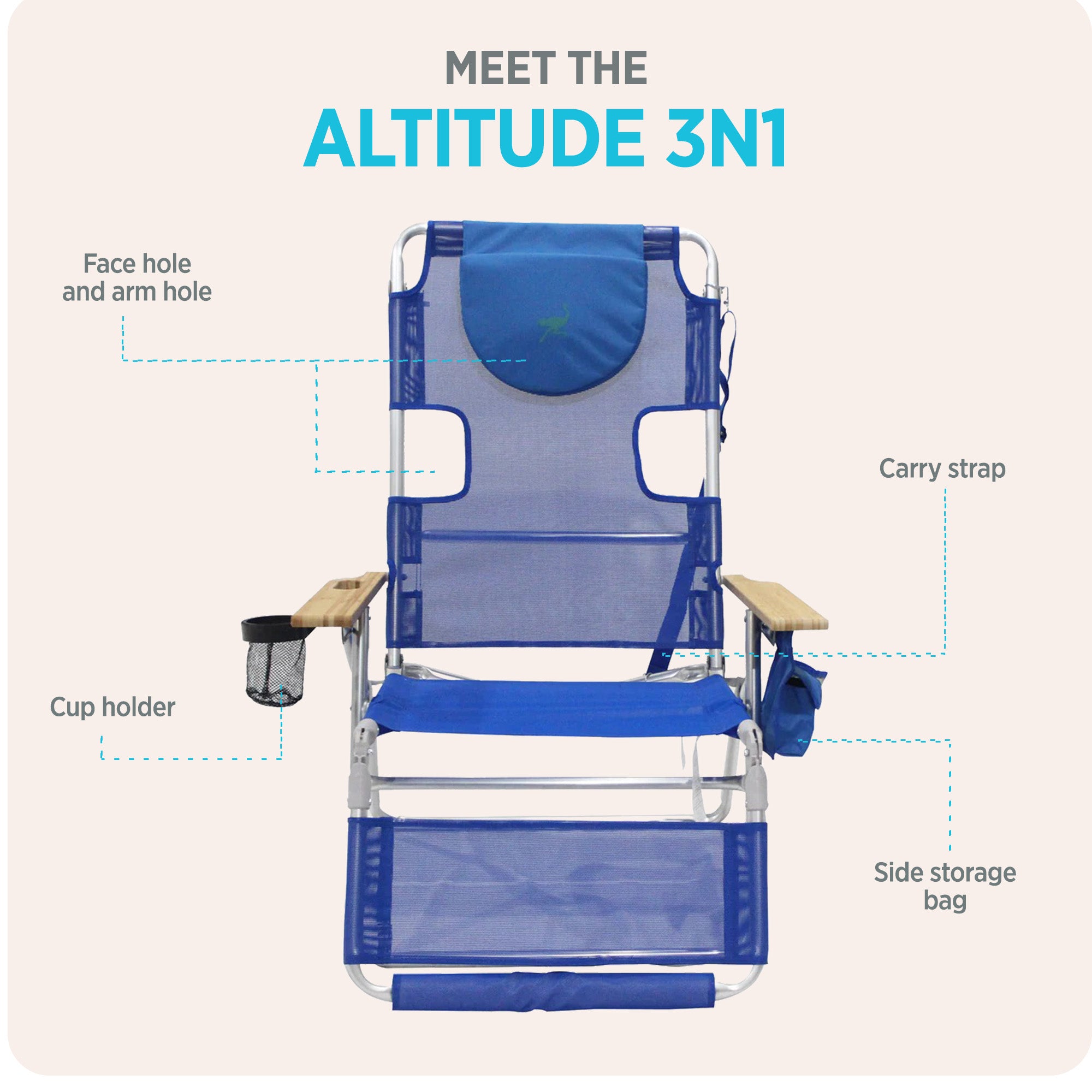 Ostrich The Altitude 3N1 High Back Outdoor Beach Lounge Chair w/Footrest, Blue
