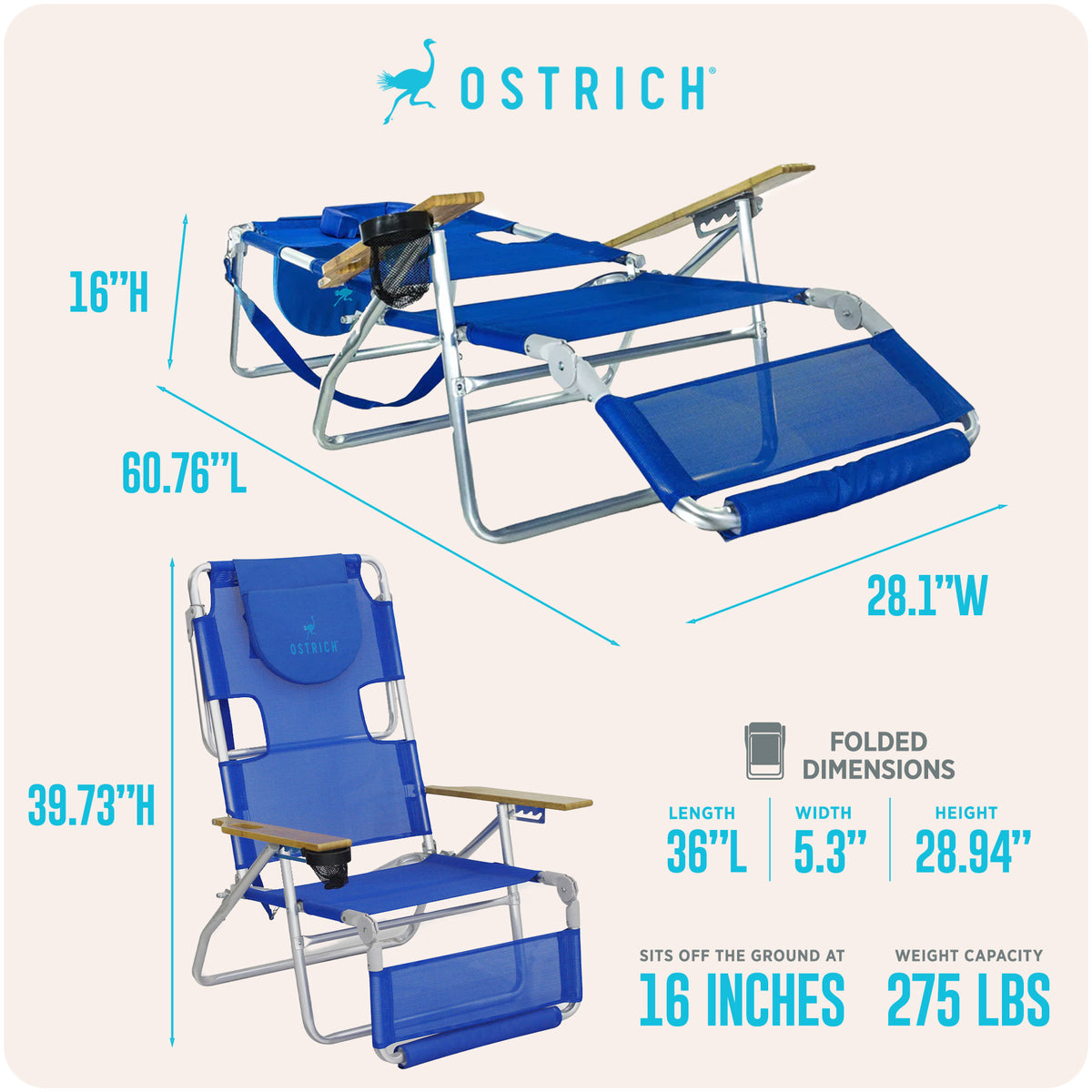 Ostrich 3-N-1 Altitude Lounge Reclining Beach 16-Inch Height Chair (Damaged)