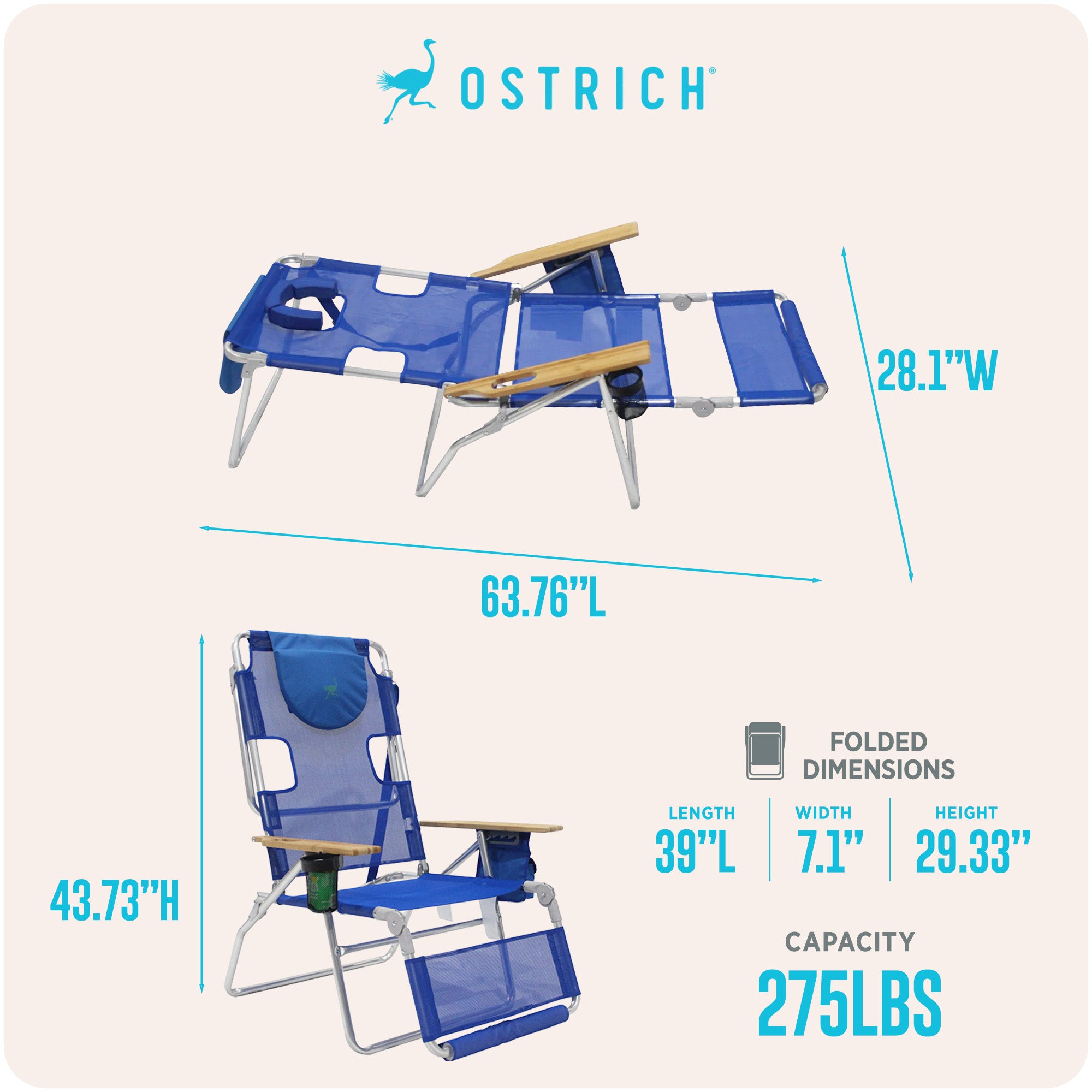 Ostrich Altitude 3N1 Outdoor Beach Lounge Chair with Footrest, Blue (Used) - VMInnovations