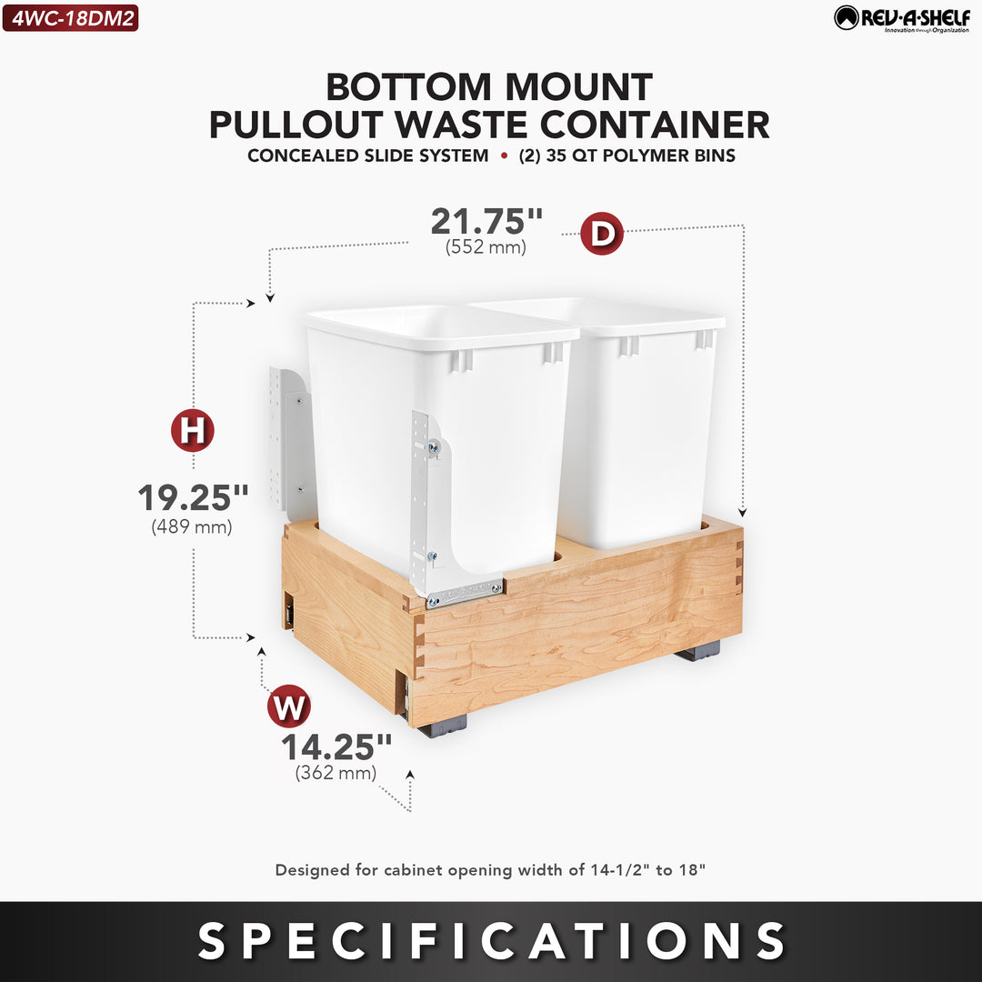 Rev-A-Shelf Double 35 qt. Maple Bottom Mount Pullout Waste Container,4WC-18DM2