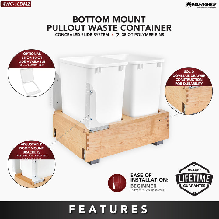 Rev-A-Shelf Double 35 qt. Maple Bottom Mount Pullout Waste Container,4WC-18DM2